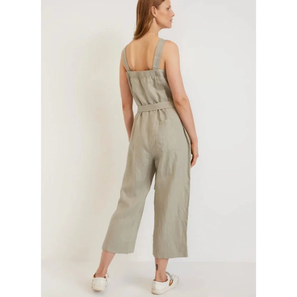 Everlane 100% Linen Picnic Jumpsuit Seagrass Beige Cropped Tie Waist Wide Leg 2